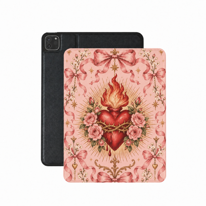Rose Sacred Heart iPad case — flaming heart with pink roses and ribbon bows on blush