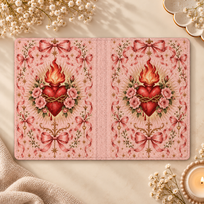 Rose Sacred Heart Kindle case opened flat, front and back — flaming heart, pink roses, gold rays and bows on pink