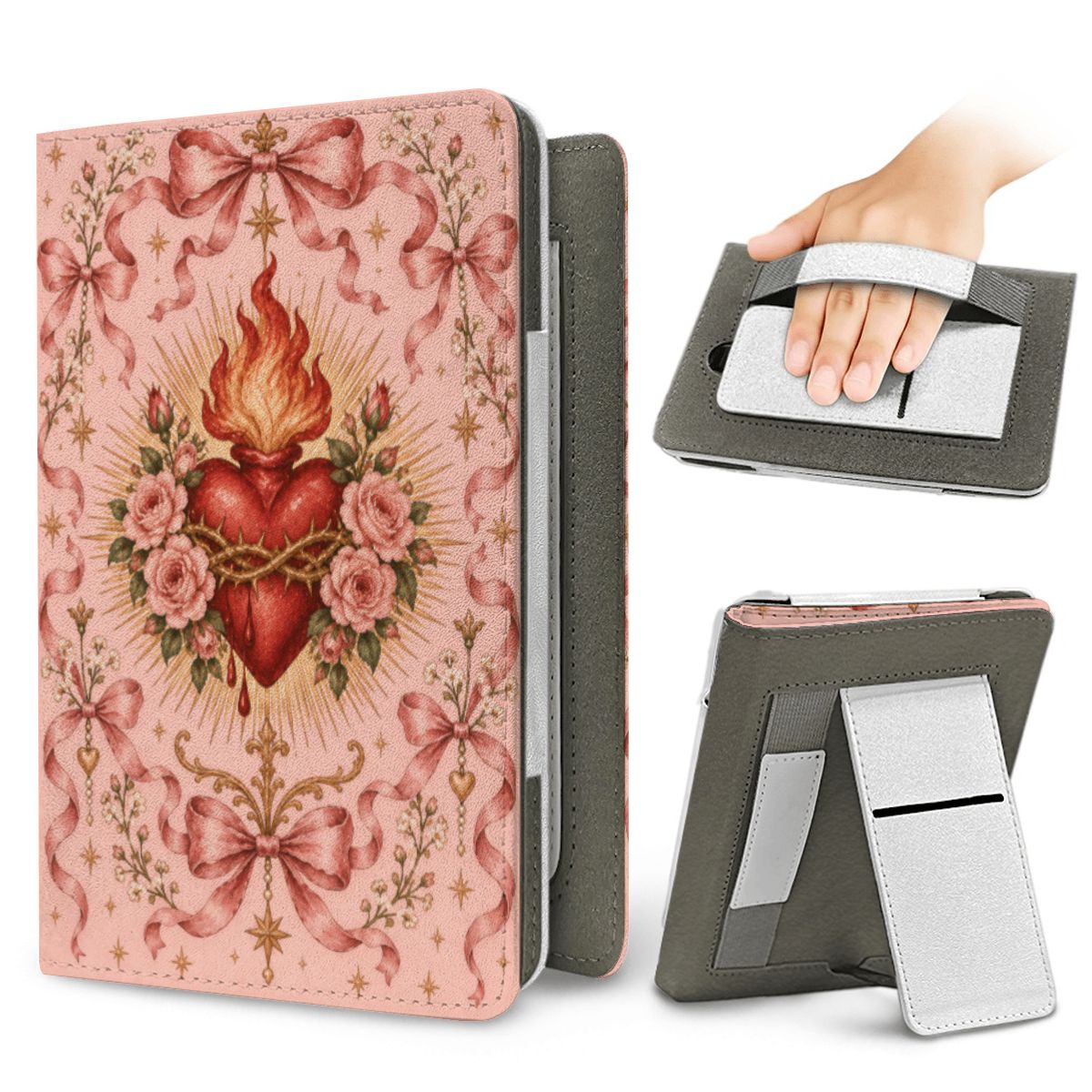 Rose Sacred Heart Kindle case — elastic hand strap and fold-out stand on the back