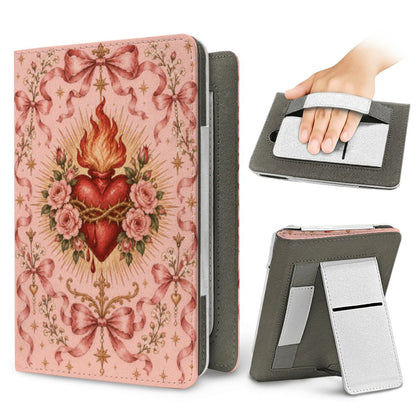 Rose Sacred Heart Kindle case — elastic hand strap and fold-out stand on the back