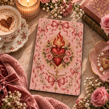 Rose Sacred Heart Kindle case — flaming heart with roses and bows on pink, styled with a latte, pink roses and a candle