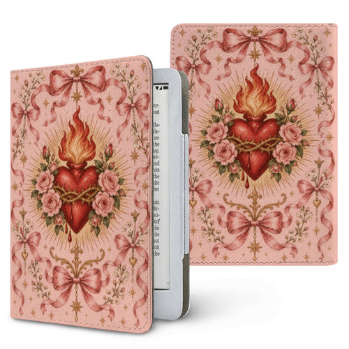 Rose Sacred Heart Kindle case — flaming heart with pink roses, gold rays and satin bows on rose pink, printed front and back