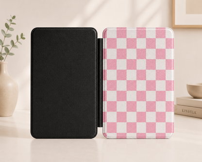 Rose and white checkerboard Kindle case front cover close-up — Coquette Reader pink check print
