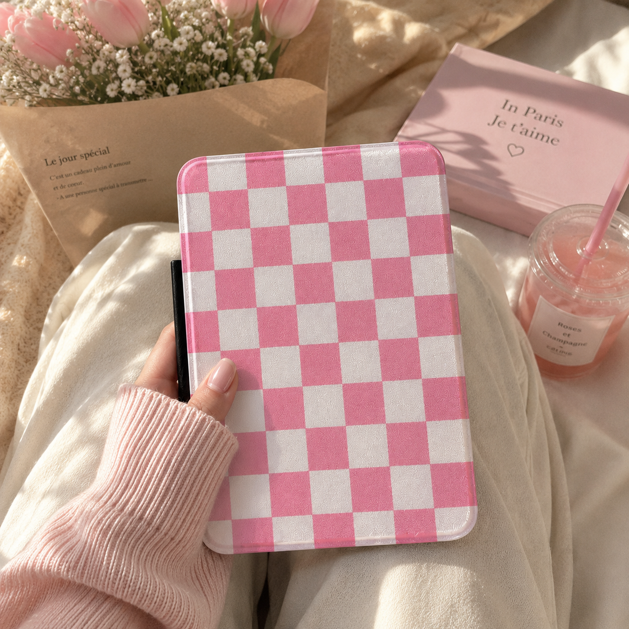 Rose and white checkerboard Kindle case open showing black interior — Coquette Reader check print