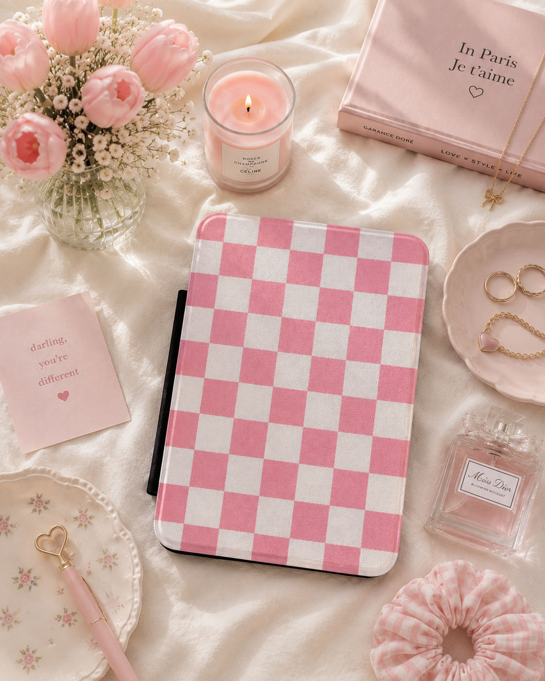 Rose and white checkerboard Kindle case with elastic hand strap — Coquette Reader check print
