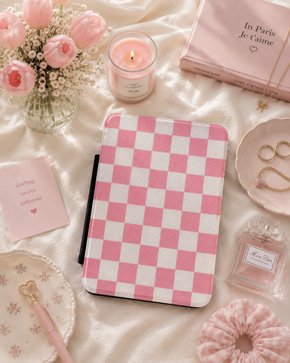 Rose and white checkerboard Kindle case with elastic hand strap — Coquette Reader check print