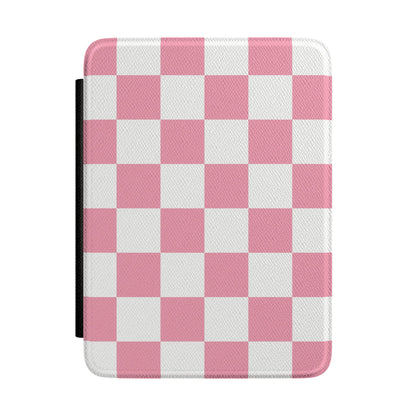 Rose pink and white checkerboard Kindle Paperwhite case front cover — Coquette Reader check gift