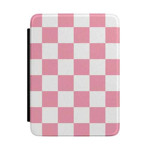 Rose pink and white checkerboard Kindle Paperwhite case front cover — Coquette Reader check gift