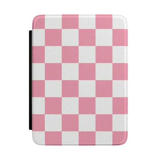 Rose pink and white checkerboard Kindle Paperwhite case front cover — Coquette Reader check gift
