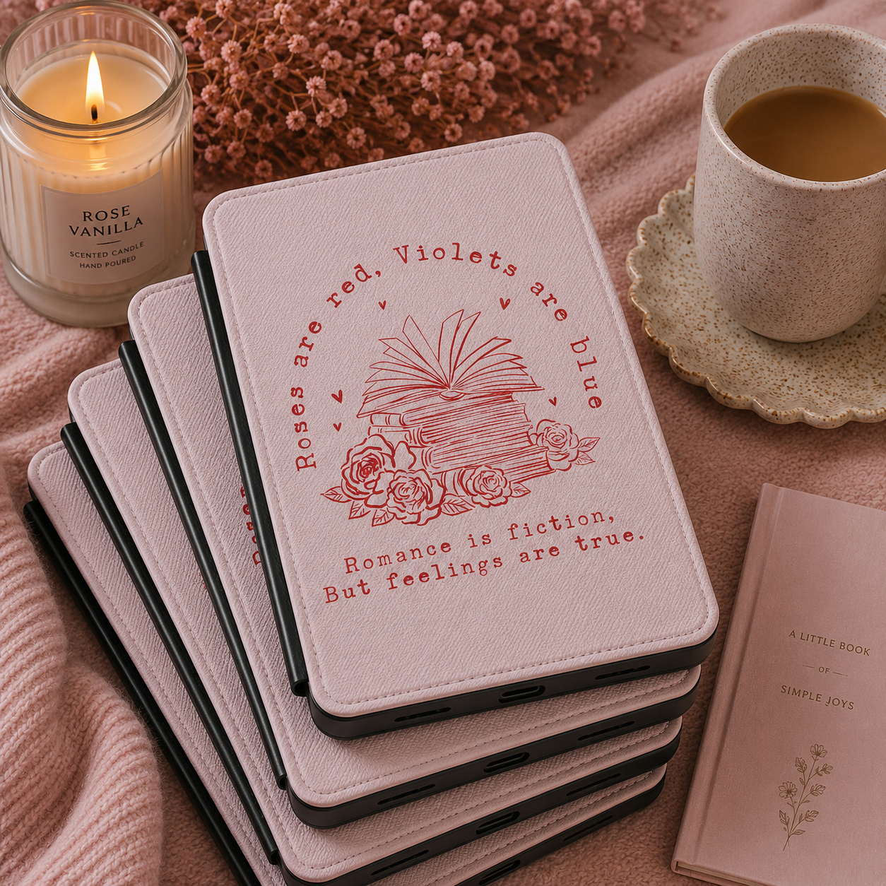 Roses Are Red blush pink Kindle case shown at an angle
