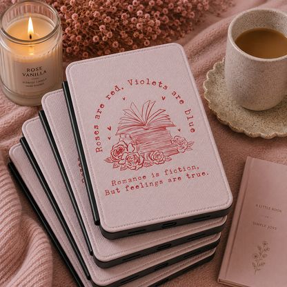 Roses Are Red blush pink Kindle case shown at an angle
