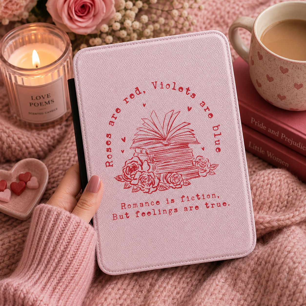 Close-up of blush pink Saffiano Roses Are Red Kindle case with red books-and-roses line art