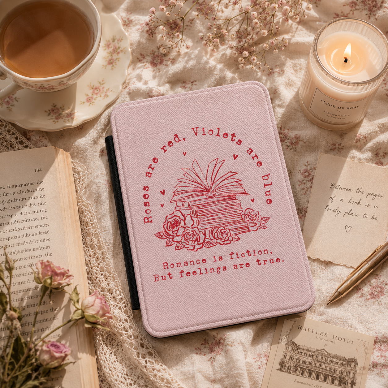 Roses Are Red Kindle case front cover in blush pink — red line-art books and roses