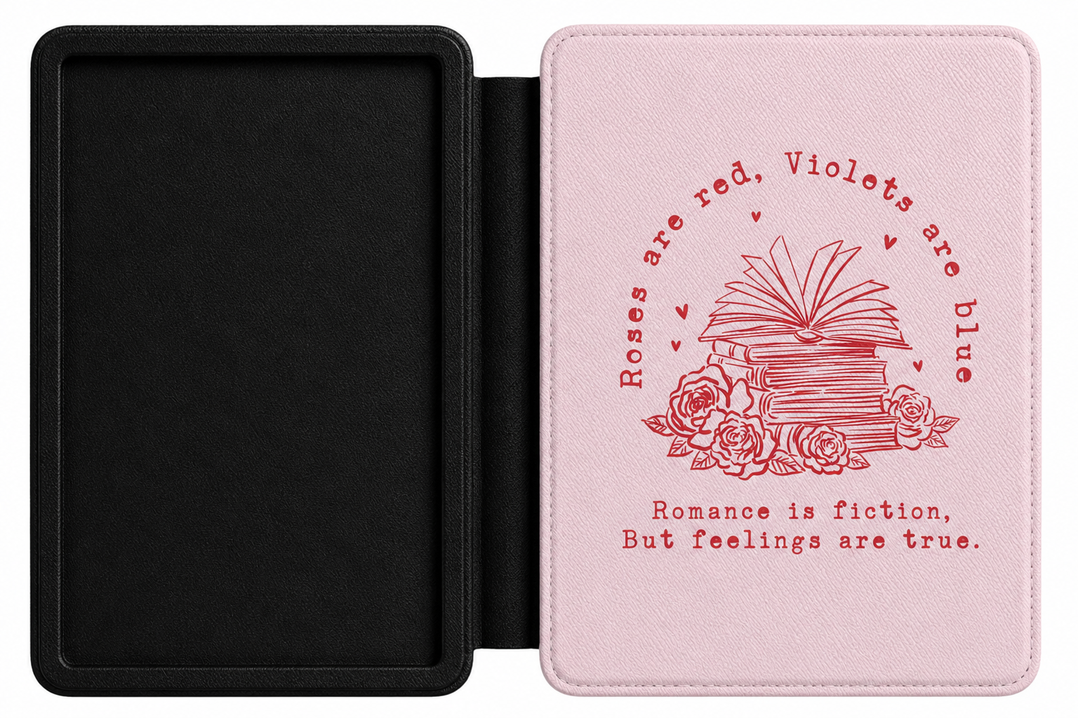 Roses Are Red blush pink Kindle case open showing e-ink Kindle on right interior panel