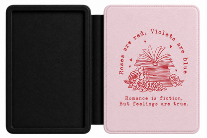 Roses Are Red blush pink Kindle case open showing e-ink Kindle on right interior panel
