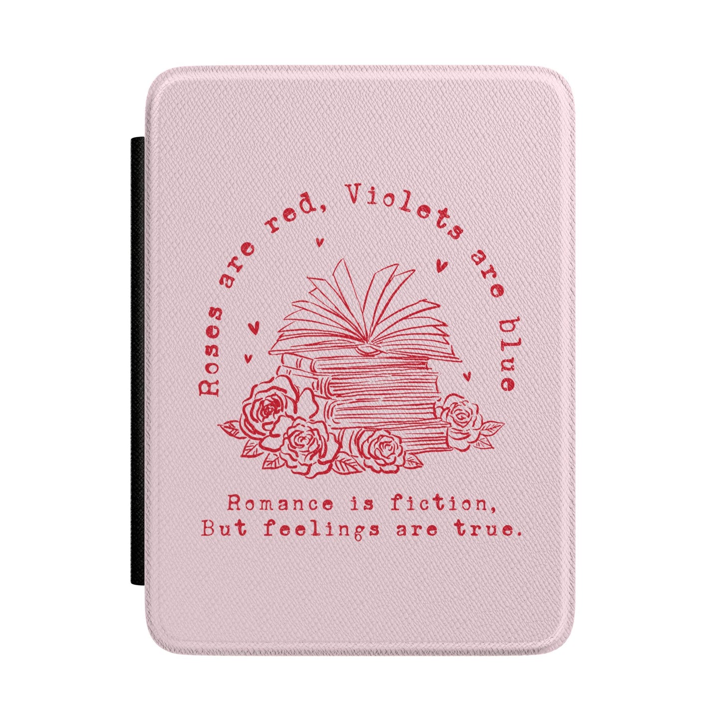Roses Are Red Kindle case in blush pink — red line-art books and roses with romance verse, Coquette Reader gift for her