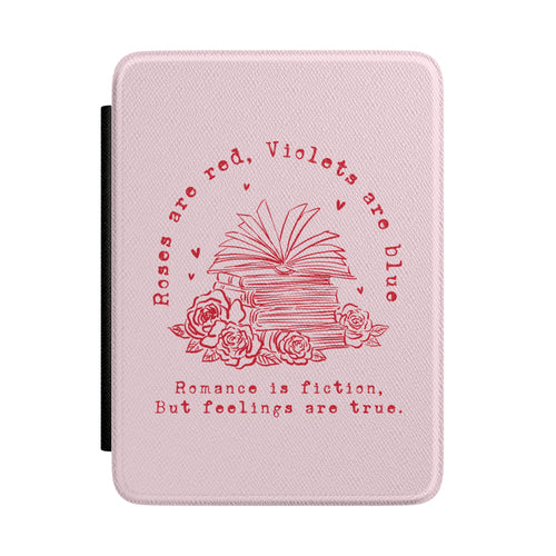 Roses Are Red Kindle case in blush pink — red line-art books and roses with romance verse, Coquette Reader gift for her