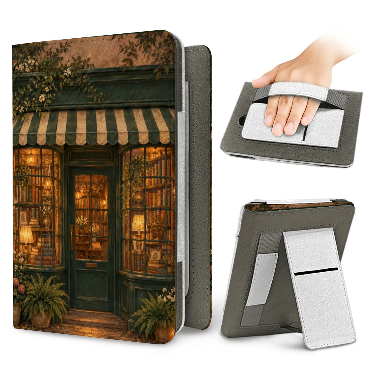 Bookshop at Dusk Kindle case — elastic hand strap and fold-out stand on the back