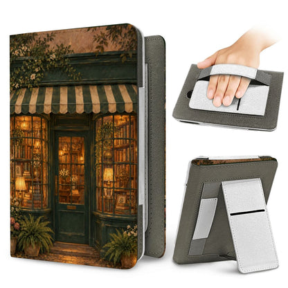 Bookshop at Dusk Kindle case — elastic hand strap and fold-out stand on the back
