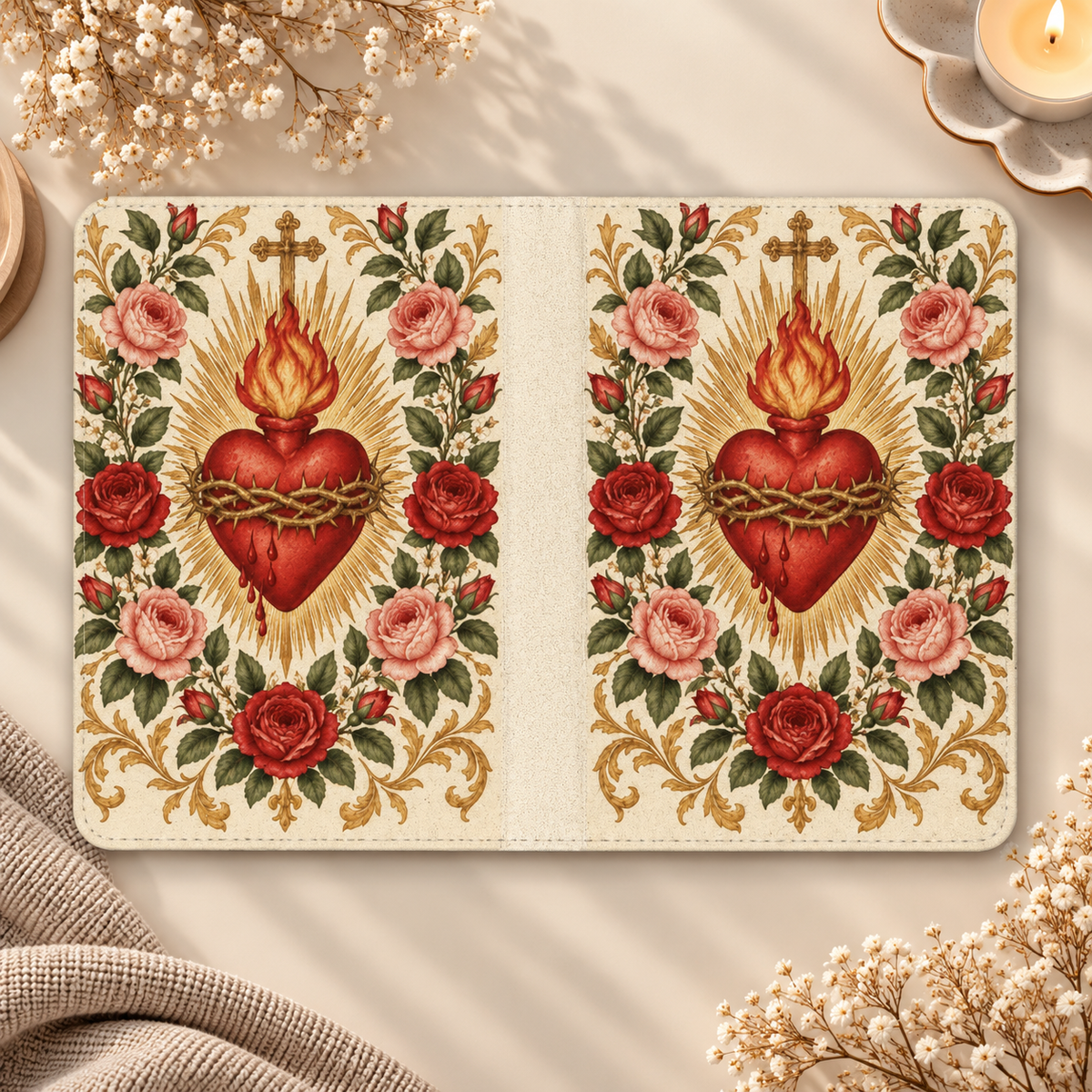 Sacred Heart & Roses Kindle case opened flat, front and back — flaming heart, gold rays, roses and gold scrollwork