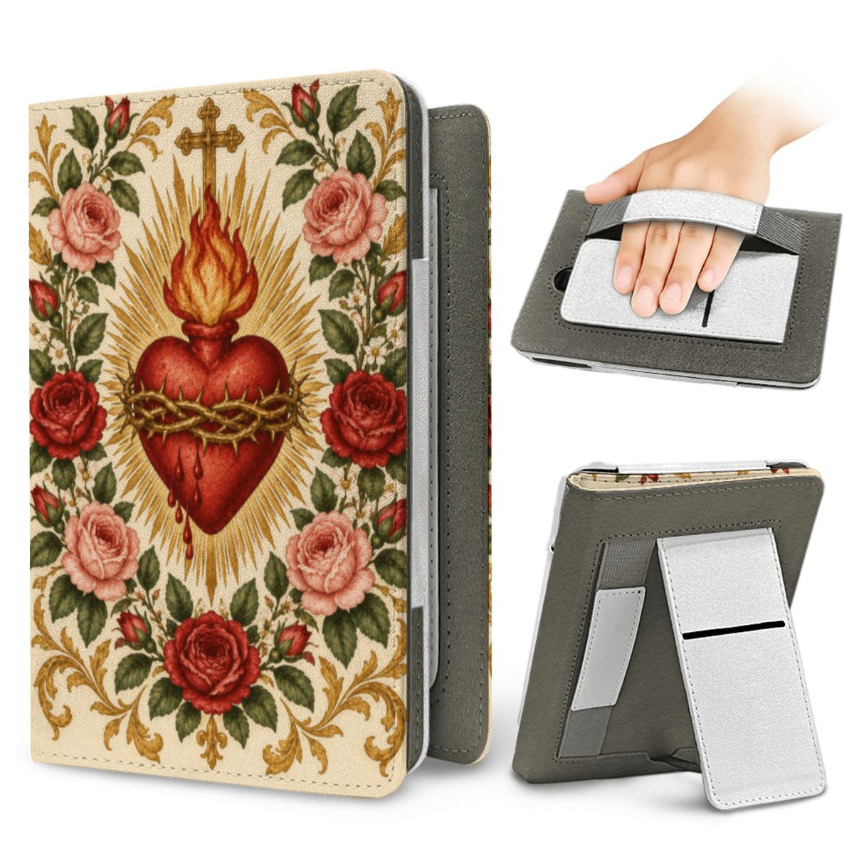 Sacred Heart & Roses Kindle case — elastic hand strap and fold-out stand on the back