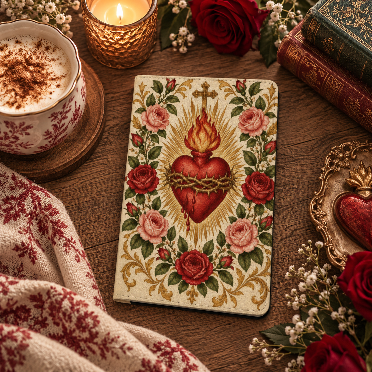 Sacred Heart & Roses Kindle case — flaming heart and roses on cream, styled with a latte, candle and red roses