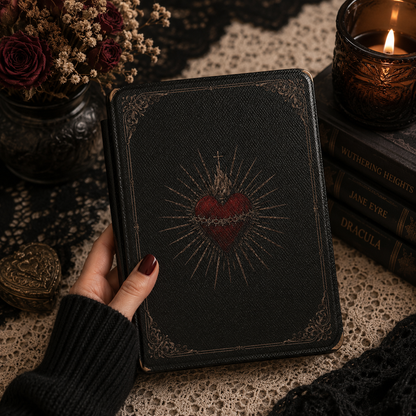 Close-up of Sacred Heart Saffiano Kindle case