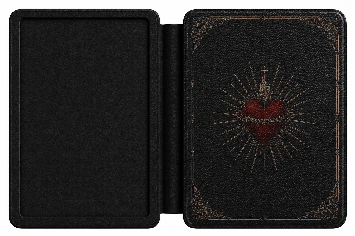 Sacred Heart Kindle case open showing e-ink Kindle on right interior panel