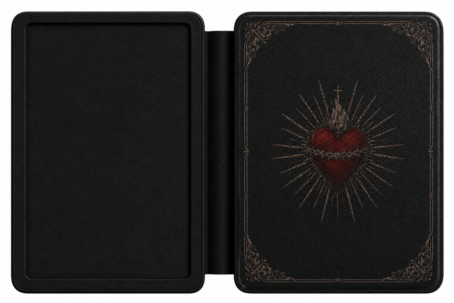 Sacred Heart Kindle case open showing e-ink Kindle on right interior panel