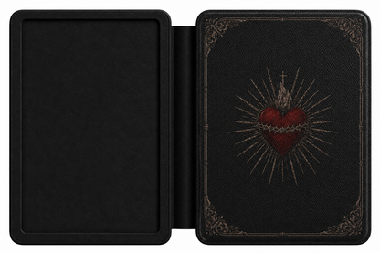 Sacred Heart Kindle case open showing e-ink Kindle on right interior panel