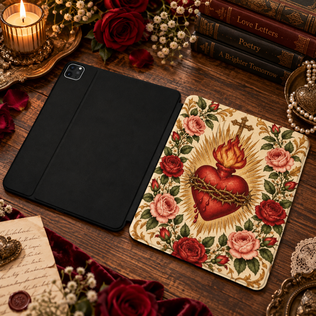 Sacred Heart & Roses iPad case shown front and back — printed front cover, plain black back