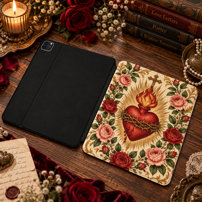Sacred Heart & Roses iPad case shown front and back — printed front cover, plain black back