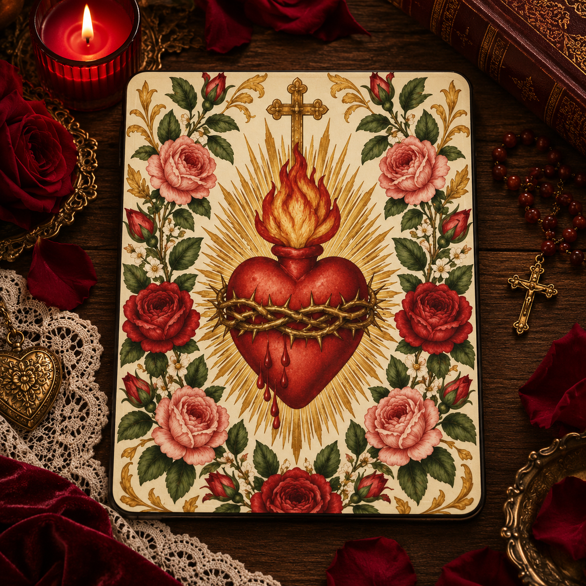 Sacred Heart & Roses iPad case styled with red roses, a candle and antique lace