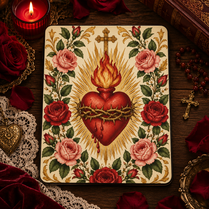 Sacred Heart & Roses iPad case styled with red roses, a candle and antique lace