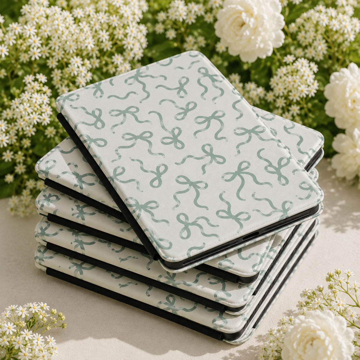 Close-up of Sage Bows Saffiano Kindle case