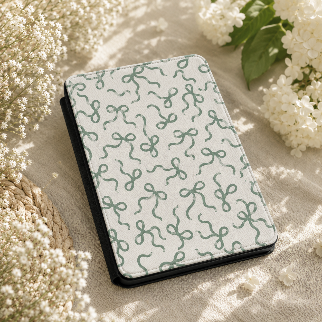 Sage Bows Kindle case front cover — sage green and bows print