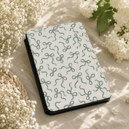 Sage Bows Kindle case front cover — sage green and bows print