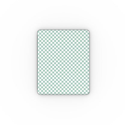 Sage check iPad case open, showing the stand fold and interior