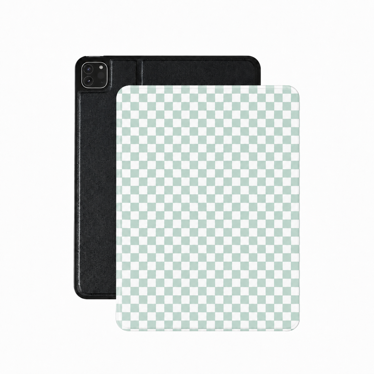 Sage check iPad case in soft green and white vegan Saffiano leather