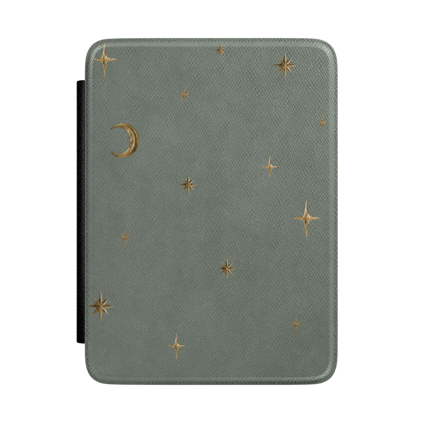 Sage grey Kindle Paperwhite case with gold stars and crescent moon front cover — Quiet Bookish celestial gift