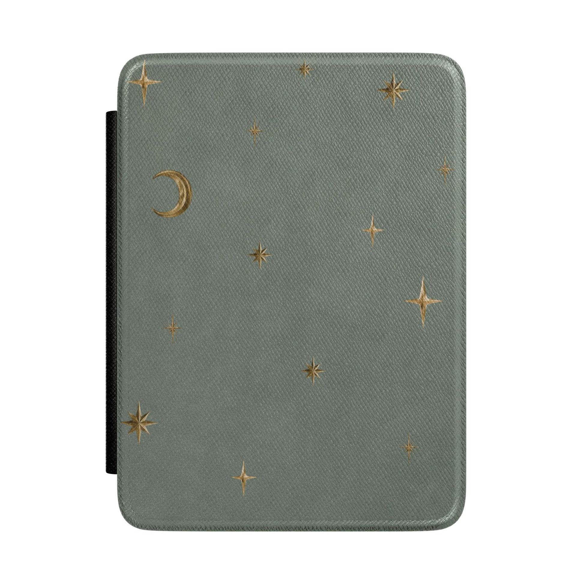 Sage grey Kindle Paperwhite case with gold stars and crescent moon front cover — Quiet Bookish celestial gift