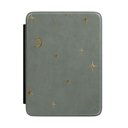 Sage grey Kindle Paperwhite case with gold stars and crescent moon front cover — Quiet Bookish celestial gift