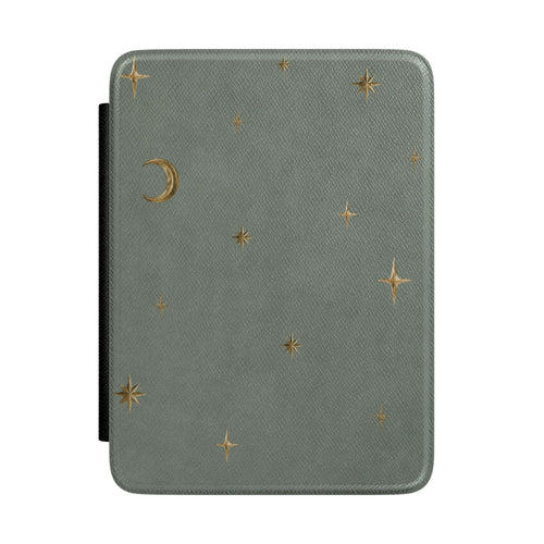 Sage grey Kindle Paperwhite case with gold stars and crescent moon front cover — Quiet Bookish celestial gift