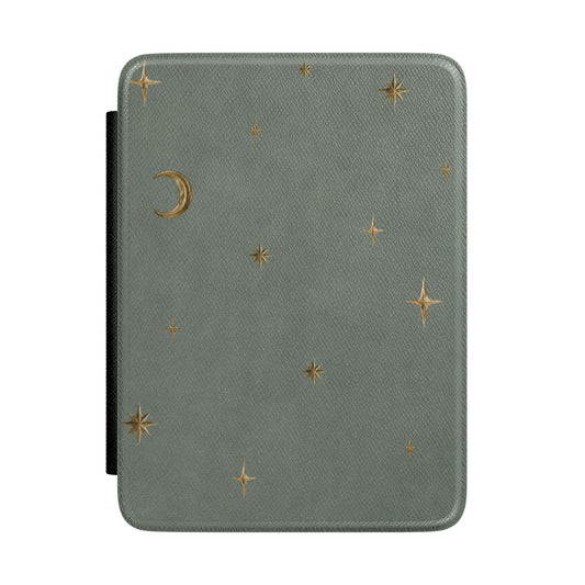 Sage grey Kindle Paperwhite case with gold stars and crescent moon front cover — Quiet Bookish celestial gift
