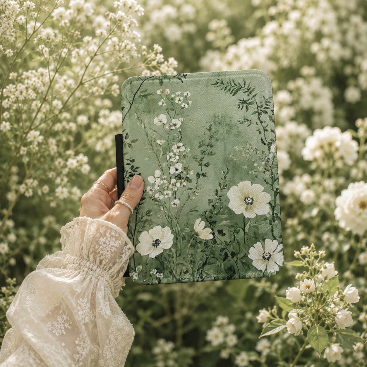 Sage meadow Kindle case front cover close-up — Jardin Secret white anemone watercolour print