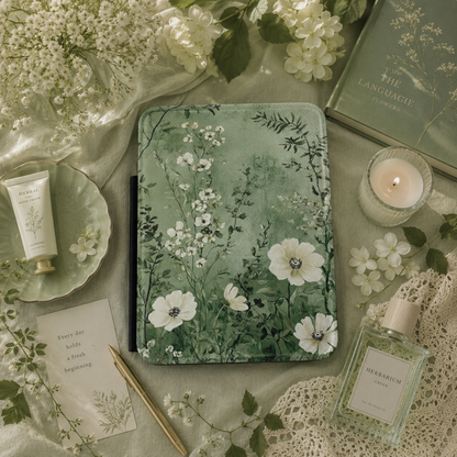 Misty sage green Kindle Paperwhite case with white anemones — Jardin Secret meadow gift for readers