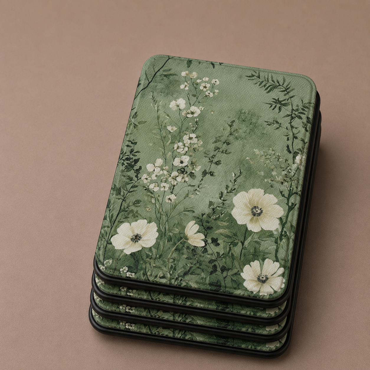 Sage meadow Kindle case open showing black interior — Jardin Secret white anemone floral