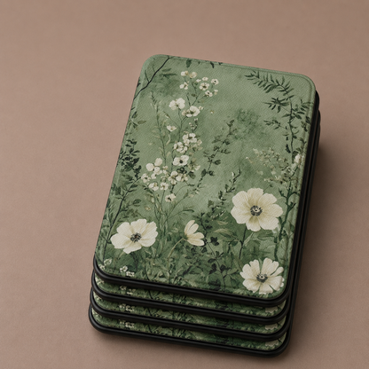 Sage meadow Kindle case open showing black interior — Jardin Secret white anemone floral