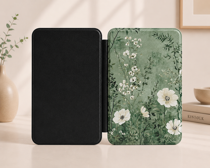 Sage meadow Kindle case with elastic hand strap — Jardin Secret white anemone floral print