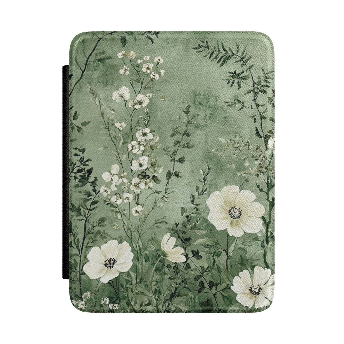 Misty sage green Kindle Paperwhite case with white anemones front cover — Jardin Secret meadow gift